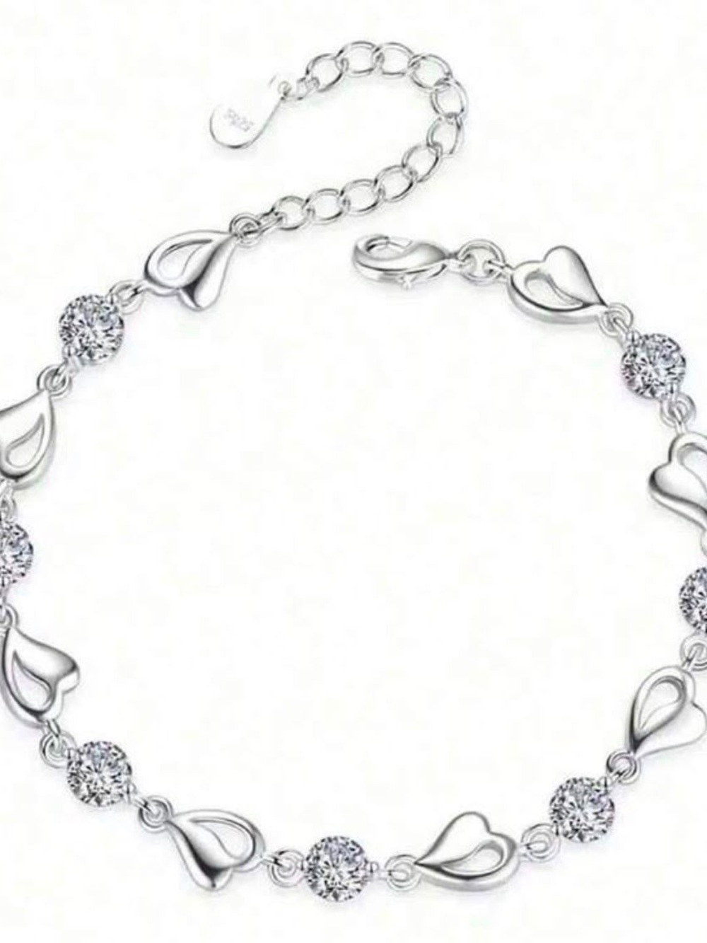 925 Sterling Silver Heart and Crystal Bracelet - Silver
